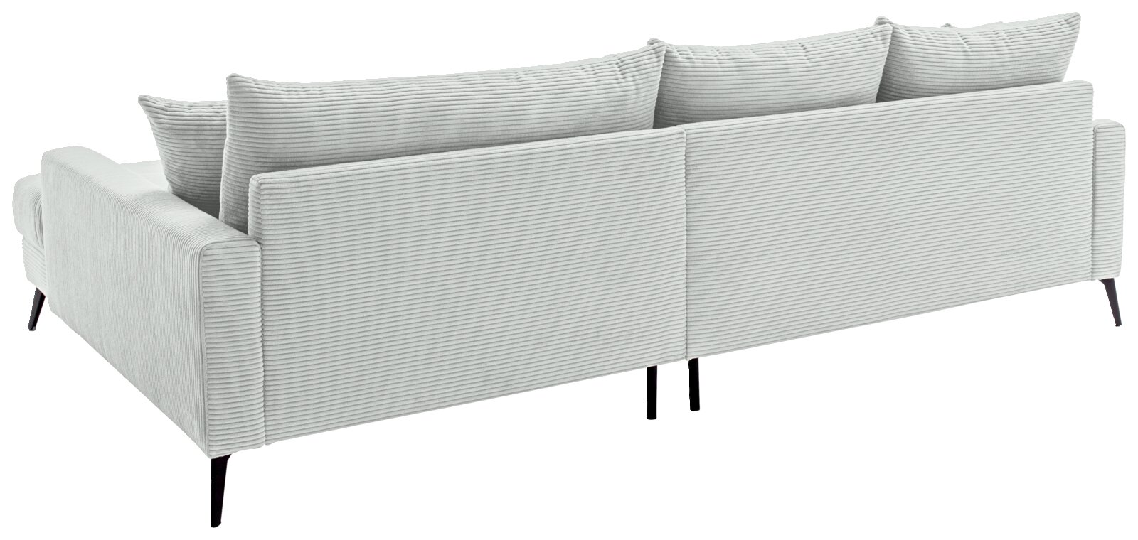 Achterkant van een lichtgrijze hoekbank met geribbelde stoffen bekleding en zwarte poten.