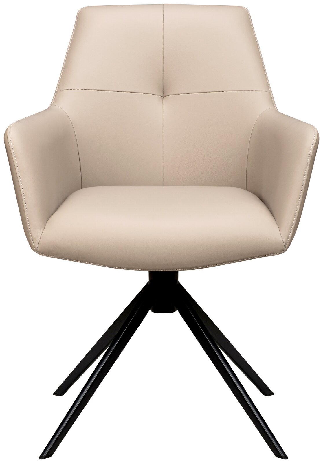 Moderner Armlehnstuhl in Beige mit schwarzem Metallgestell, Frontalansicht