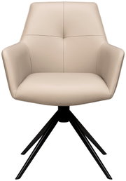 Moderne fauteuil in beige met een zwart metalen frame, vooraanzicht