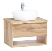 Waschtisch-Set aus Holz mit weißem Aufsatzwaschbecken und moderner Armatur, seitliche Perspektive