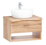 Waschtisch-Set aus Holz mit weißem Aufsatzwaschbecken und moderner Armatur, seitliche Perspektive