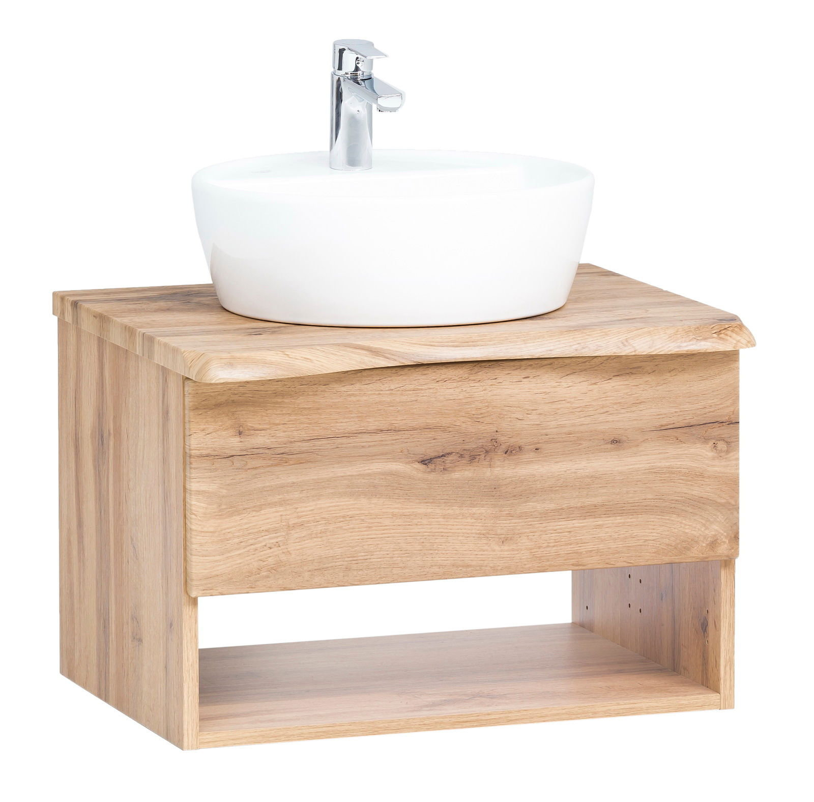 Waschtisch-Set aus Holz mit weißem Aufsatzwaschbecken und moderner Armatur, seitliche Perspektive