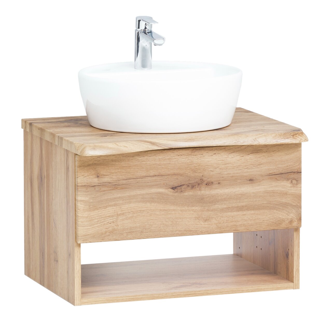 Houten wastafelset met witte opzetwastafel en moderne kraan, zijaanzicht