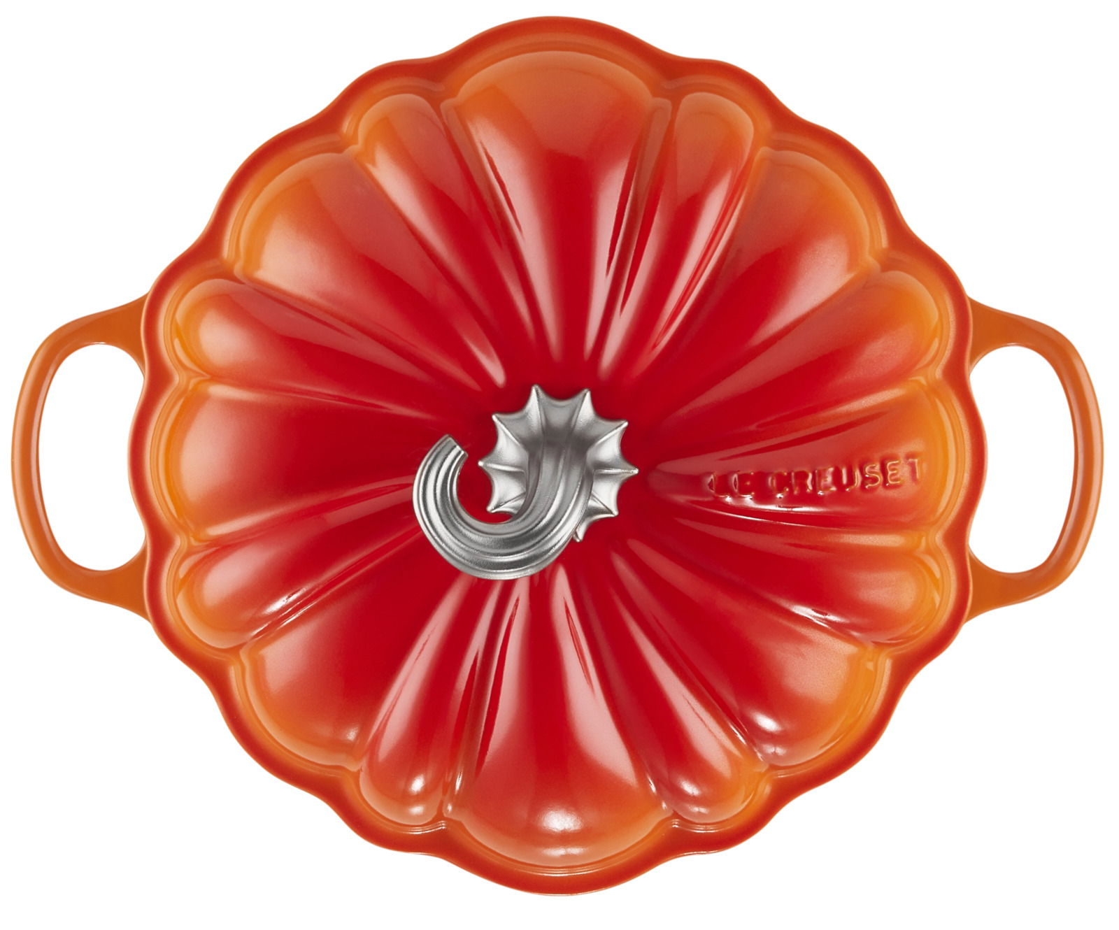 Kürbisförmiger Bräter in leuchtendem Ofenrot, Draufsicht