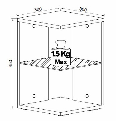 Technische Strichzeichnung eines quadratischen Eckregals/Regalwürfels mit zwei Ebenen, Maßangaben 300 x 300 mm und Höhe 450 mm sowie Hinweis „15 kg Max“ Traglast, dargestellt in isometrischer Perspektive (schräg von oben).
