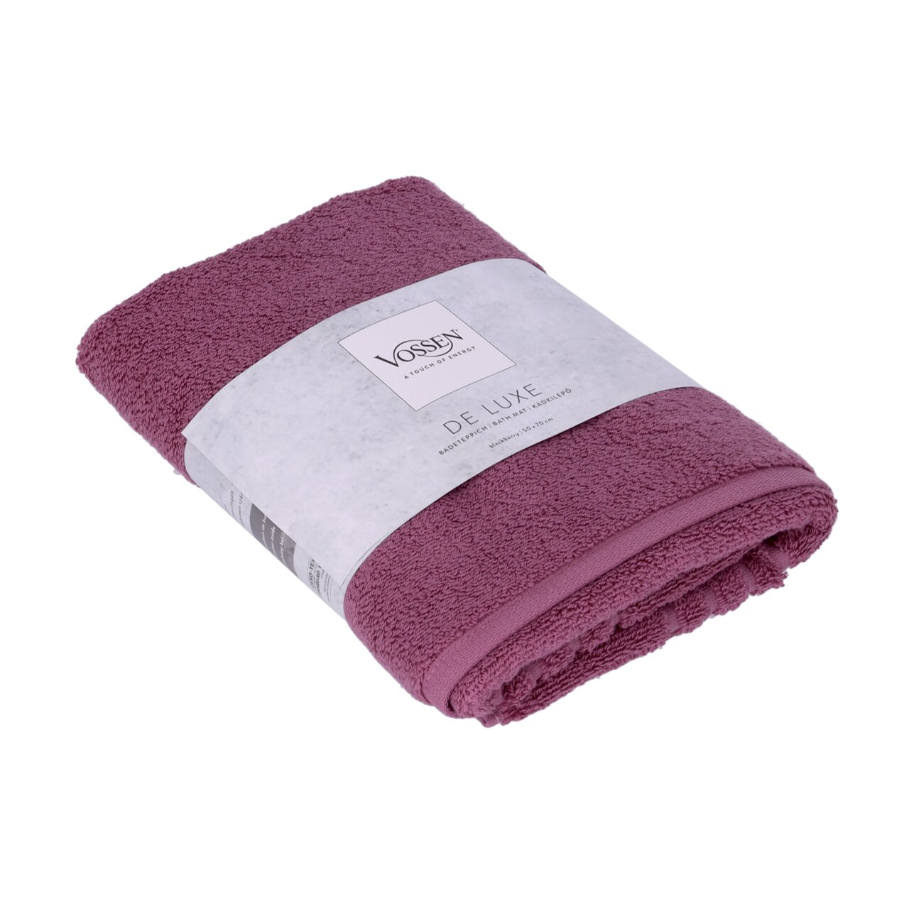 Vossen Badeteppich DE LUXE in der Farbe Blackberry, zusammengerollt, seitliche Perspektive