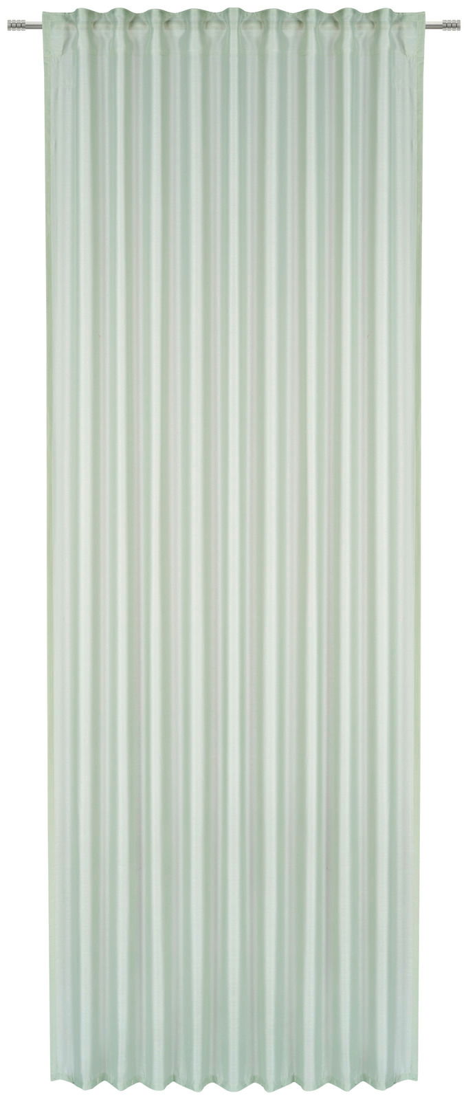 Fertigvorhang in hellem Grün mit gleichmäßigen Falten, frontal aufgenommen