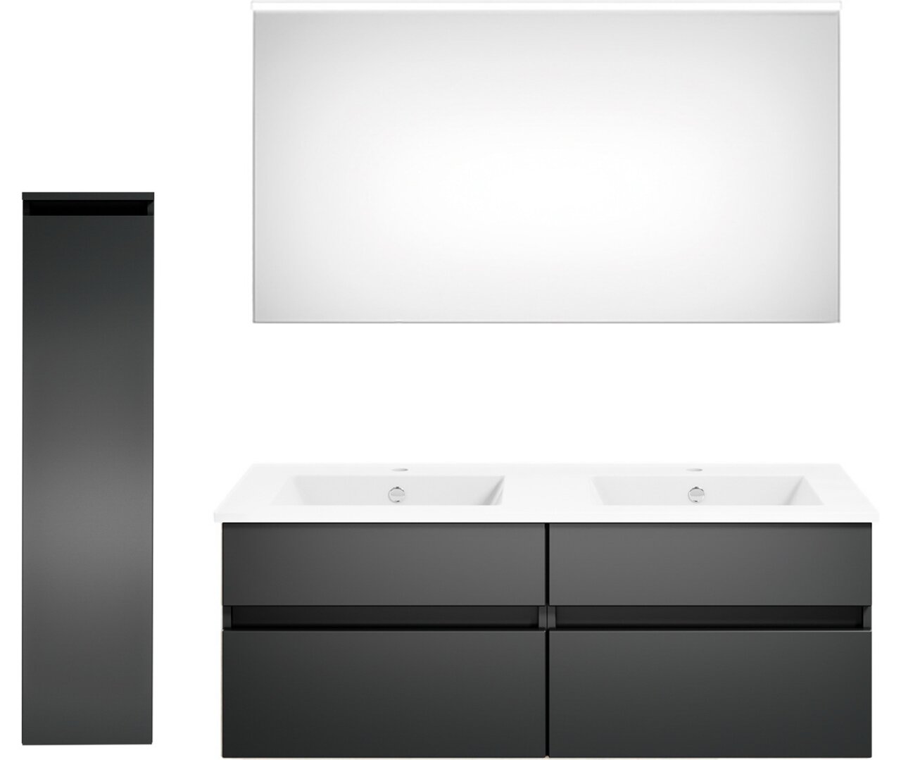 Puris Badkombination GET2YOU 21 Moderne Badkombination mit Doppelwaschbecken, großem Spiegel und hohem Seitenschrank, frontal betrachtet.