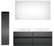 Moderne Badkombination mit Doppelwaschbecken, großem Spiegel und hohem Seitenschrank, frontal betrachtet.