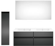 Moderne Badkombination mit Doppelwaschbecken, großem Spiegel und hohem Seitenschrank, frontal betrachtet.