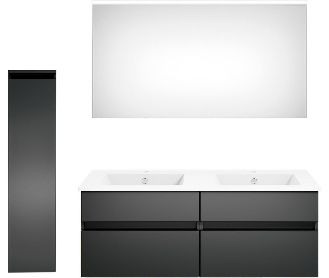 Moderne Badkombination mit Doppelwaschbecken, großem Spiegel und hohem Seitenschrank, frontal betrachtet.