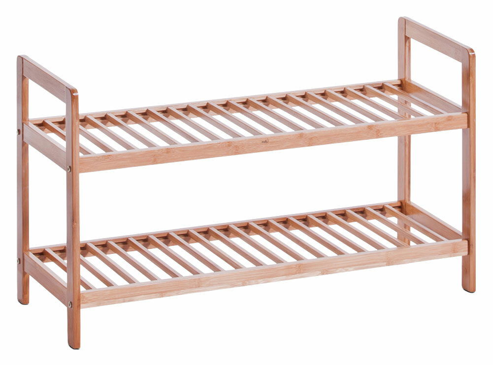 Schuhregal aus Holz mit zwei Ablagen, seitliche Perspektive