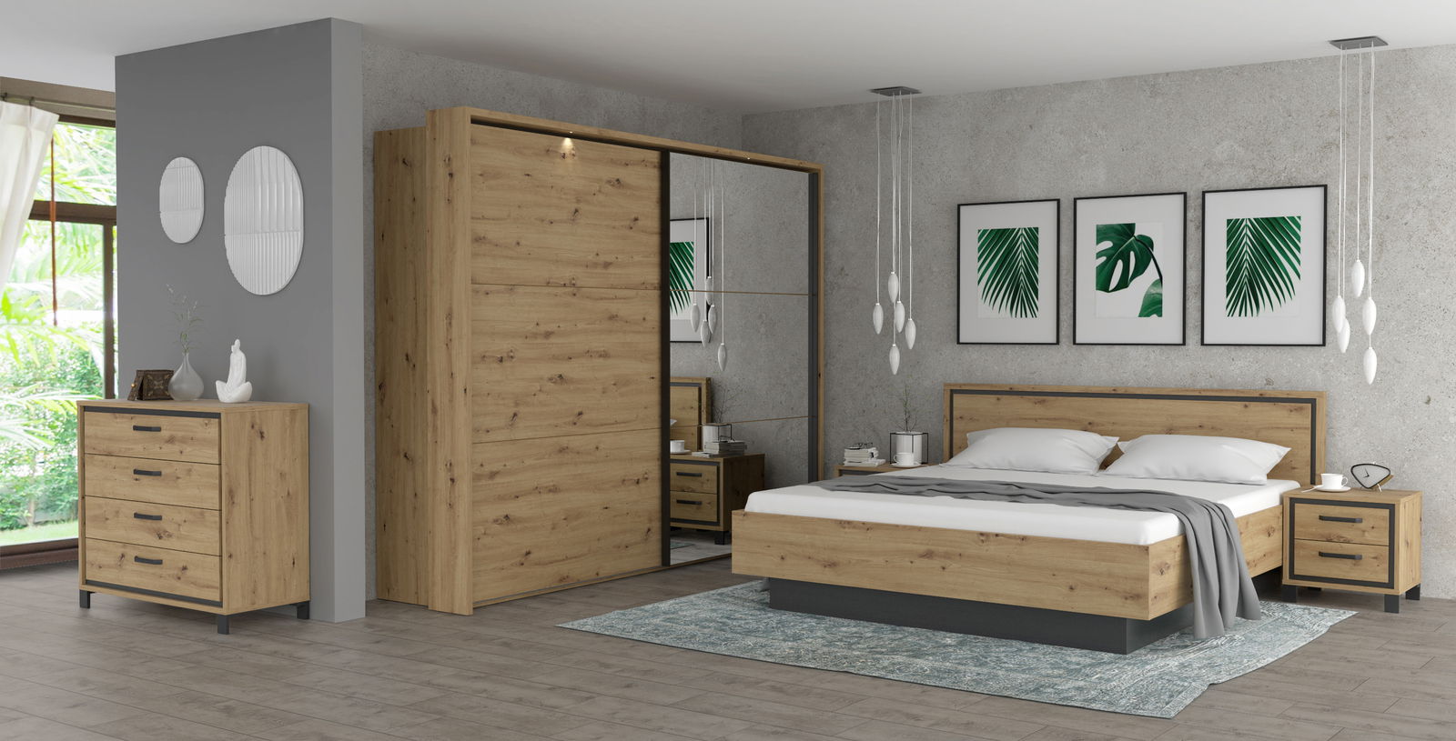 Z2 Passepartout TRONDHEIM Schlafzimmer mit modernem Design, bestehend aus einem großen Kleiderschrank mit Spiegeltür, einem Doppelbett mit Holzrahmen und zwei Nachttischen. Die Perspektive zeigt den Raum von der Seite, mit einem Fenster auf der linken Seite und dekorativen Bildern