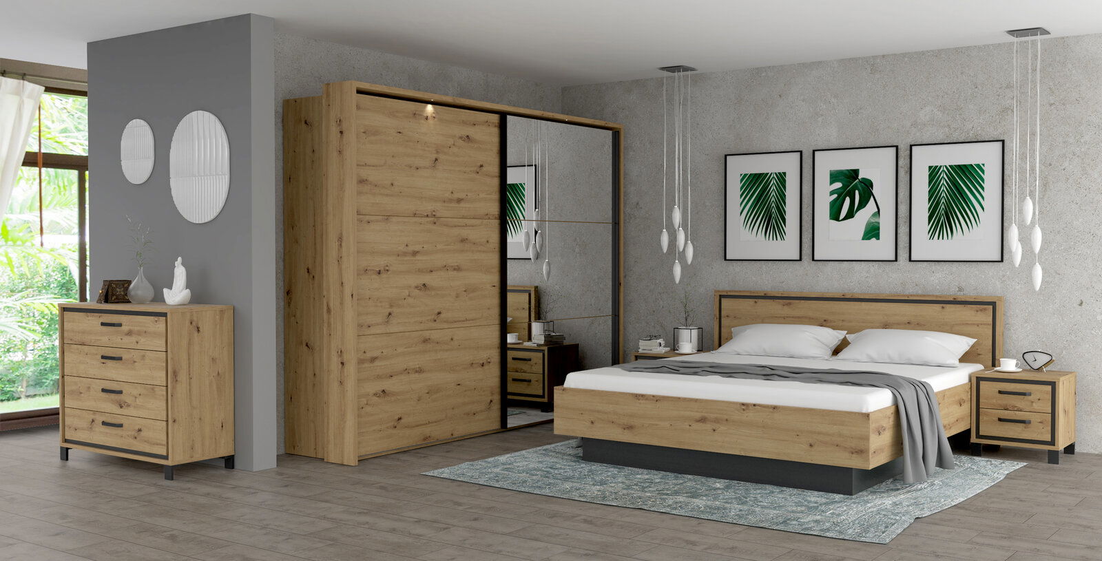Schlafzimmer mit modernem Design, bestehend aus einem großen Kleiderschrank mit Spiegeltür, einem Doppelbett mit Holzrahmen und zwei Nachttischen. Die Perspektive zeigt den Raum von der Seite, mit einem Fenster auf der linken Seite und dekorativen Bildern
