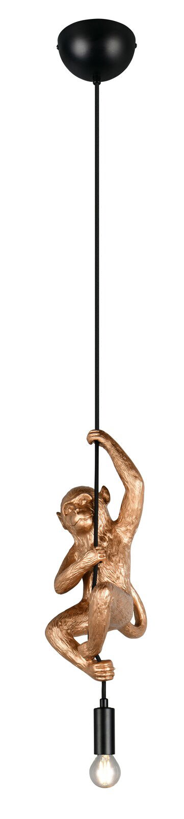 Pendelleuchte mit bronzefarbenem Affen, der an einem Kabel hängt und eine Glühbirne hält, aus der Frontalperspektive.