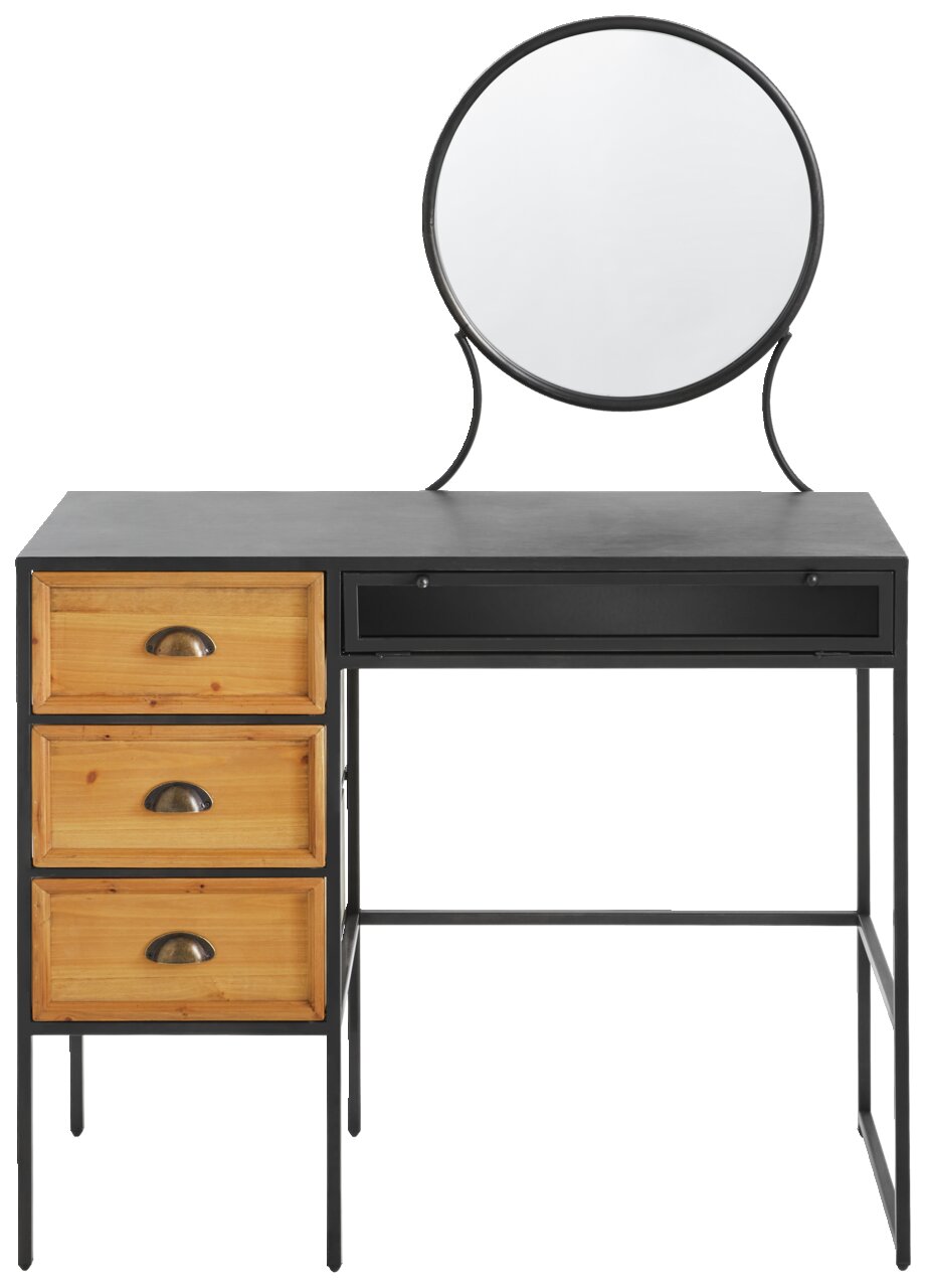 Schminktisch mit rundem Spiegel, drei Holzschubladen auf der linken Seite und schwarzem Metallrahmen, Frontalansicht.