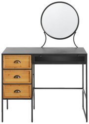 Schminktisch mit rundem Spiegel, drei Holzschubladen auf der linken Seite und schwarzem Metallrahmen, Frontalansicht.