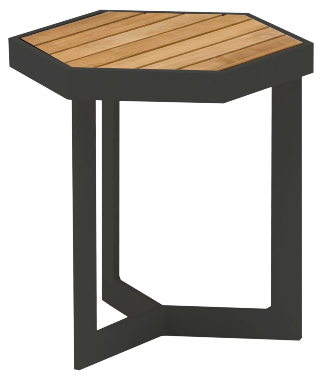 Sechseckiger Beistelltisch mit Holzplatte und schwarzem Metallgestell, seitliche Perspektive