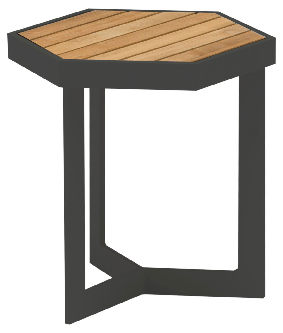 Sechseckiger Beistelltisch mit Holzplatte und schwarzem Metallgestell, seitliche Perspektive