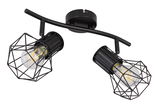 Schwarzer Metallstrahler mit zwei verstellbaren Lampen, geometrisches Design, seitliche Perspektive