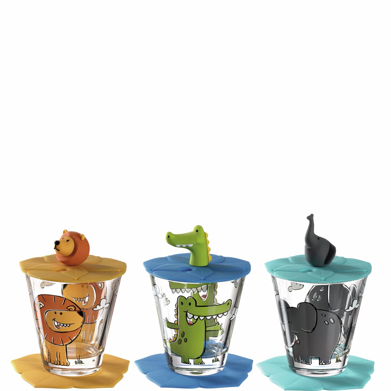 Leonardo Kindertrinkset 9-tlg. BAMBINI Drei Kindertrinkbecher mit bunten Tiermotiven und passenden Deckeln, von links nach rechts: Löwe, Krokodil, Elefant. Frontalansicht.