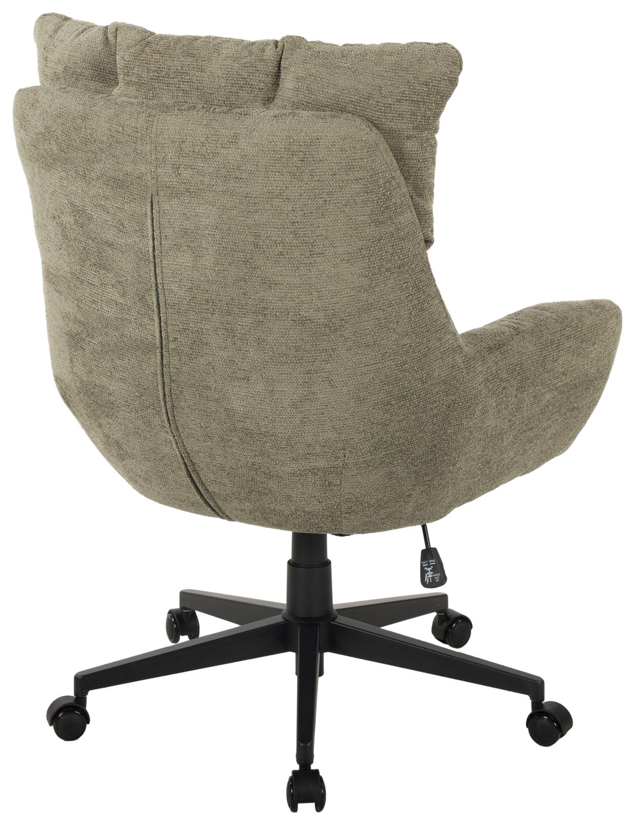 Rückansicht eines grünen Chefsessels mit gepolsterter Rückenlehne und schwarzem Drehfuß auf Rollen.