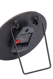 Rückansicht einer Uhr mit schwarzem Gehäuse und Standfuß, zeigt das Uhrwerk und die Aufhängung.