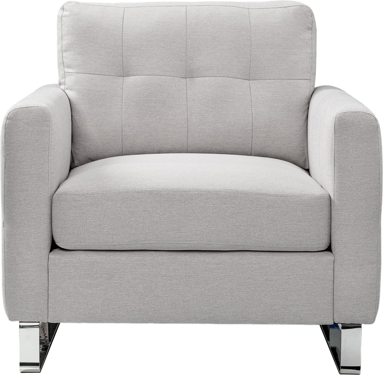 Hellgrauer, gepolsterter Stoff-Sessel mit breiten Armlehnen, gesteppter Rückenlehne und verchromten Metallfüßen, Frontansicht.