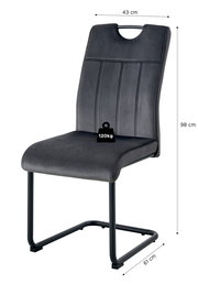 Dunkelgrauer Polsterstuhl mit Griffausschnitt in der Rückenlehne und schwarzem Freischwinger-Metallgestell, Maße ca. 98 cm hoch, 43 cm breit, 61 cm tief, belastbar bis 120 kg, Ansicht schräg von vorne.