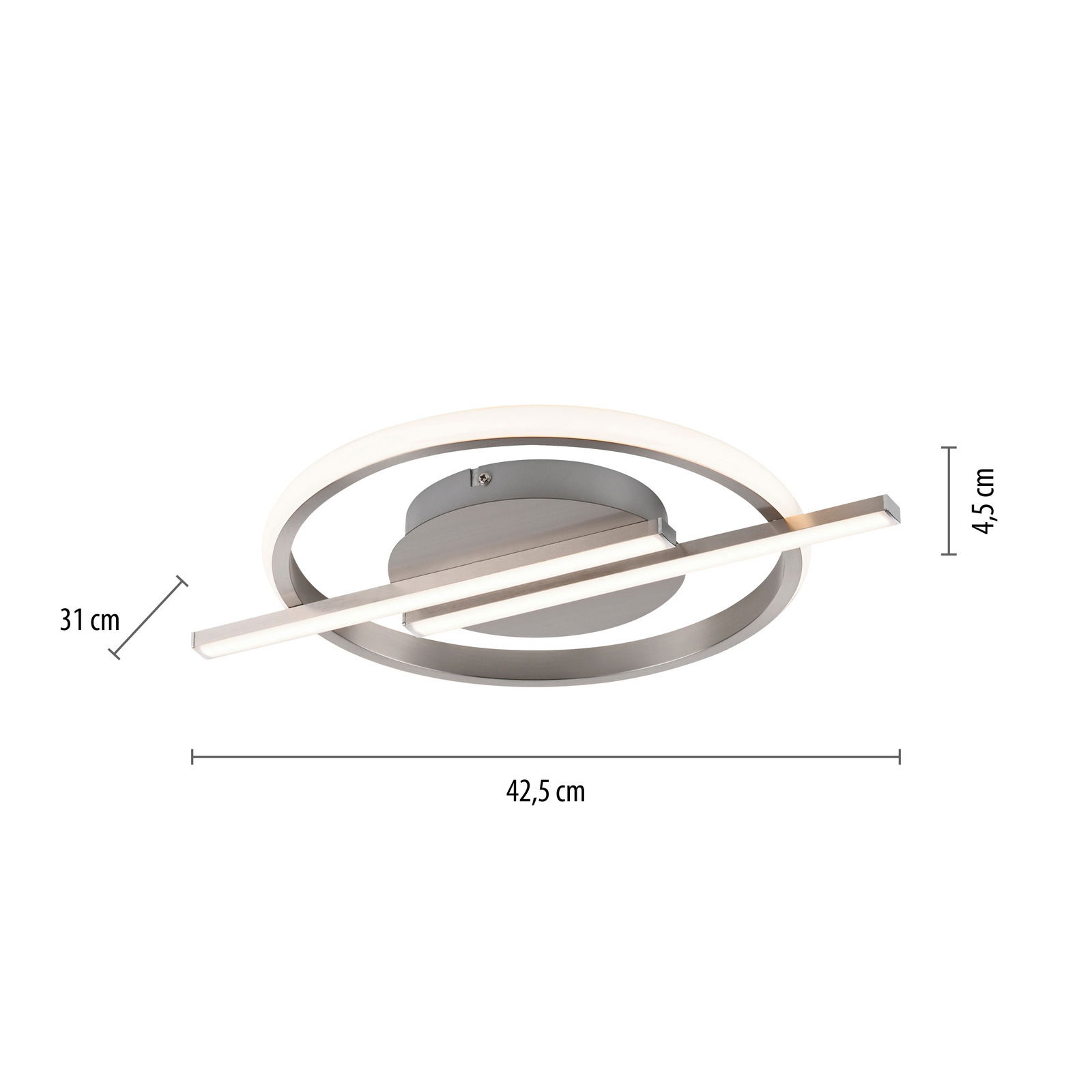 Moderne LED-Deckenleuchte mit kreisförmigem Design und linearem Element, seitliche Perspektive