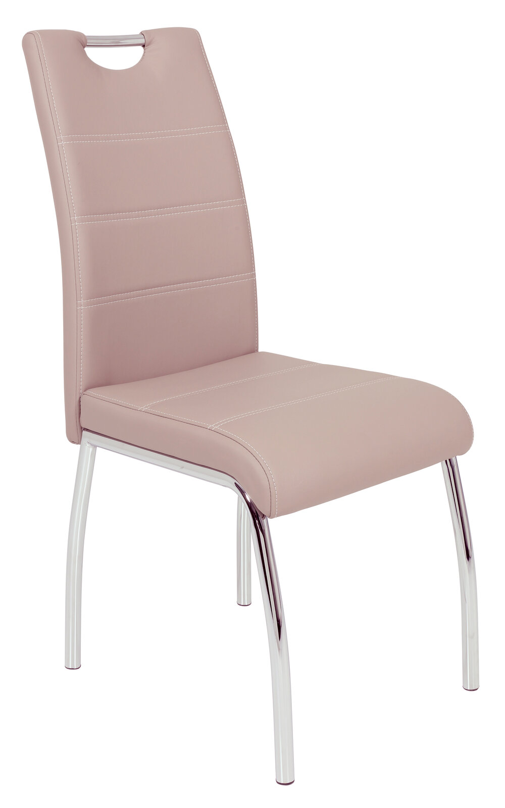 Moderner Stuhl mit beigem Kunstlederbezug und verchromten Beinen, seitliche Perspektive