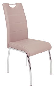 Moderner Stuhl mit beigem Kunstlederbezug und verchromten Beinen, seitliche Perspektive