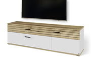 TV-Lowboard aus Holz und Weiß mit modernen Griffen, frontale Perspektive