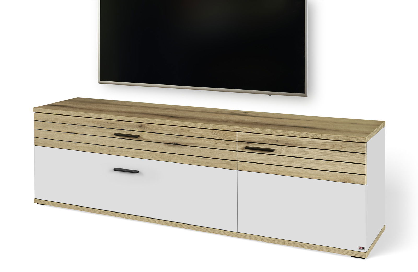 TV-Lowboard aus Holz und Weiß mit modernen Griffen, frontale Perspektive