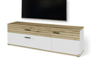 Houten en witte tv-lowboard met moderne handgrepen, vooraanzicht