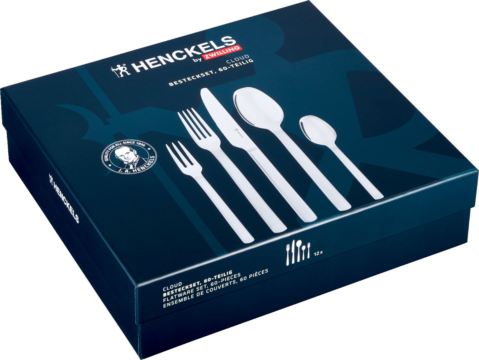 HENCKELS by Zwilling Cloud bestekset 60-delig in donkerblauwe doos met afbeelding van vorken, mes en lepels, schuin van bovenaf gefotografeerd
