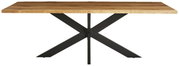 Moderner Esstisch aus Holz mit schwarzem Metallgestell in X-Form, frontal betrachtet.