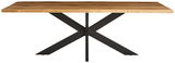 Moderner Esstisch aus Holz mit schwarzem Metallgestell in X-Form, frontal betrachtet.