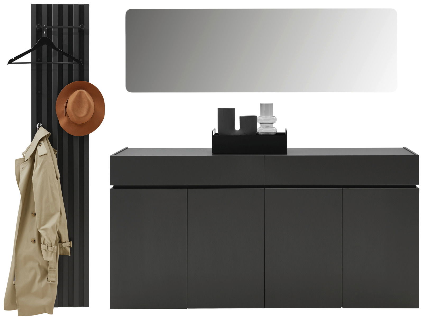 Garderoben-Set in Graphit mit Wandspiegel, Kleiderhaken und Stauraum, frontale Ansicht