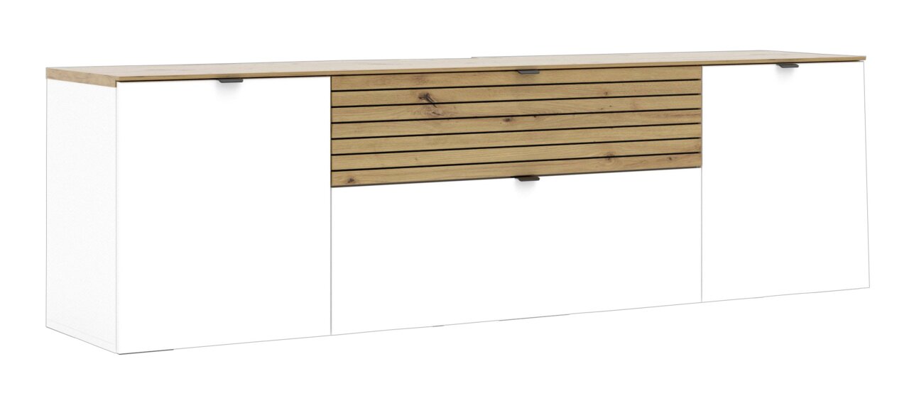 Voleo Tv-kast DIANA TV-Lowboard in moderner Frontansicht mit weißem Korpus und Holzoptik-Elementen in der Mitte.