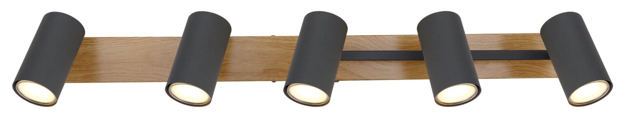 Deckenstrahler mit fünf schwarzen zylindrischen Leuchten auf einer Holzleiste, seitliche Perspektive