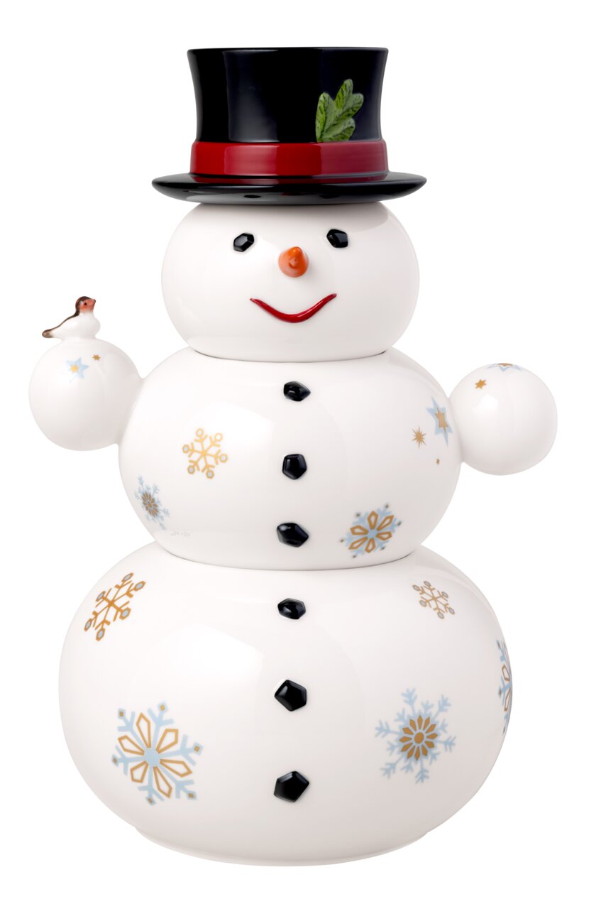 Villeroy & Boch Keksdose Schneemann 31cm Porzellanschneemann mit schwarzem Zylinder, verziert mit Schneeflocken und einem kleinen Vogel auf der linken Seite, frontal abgebildet.