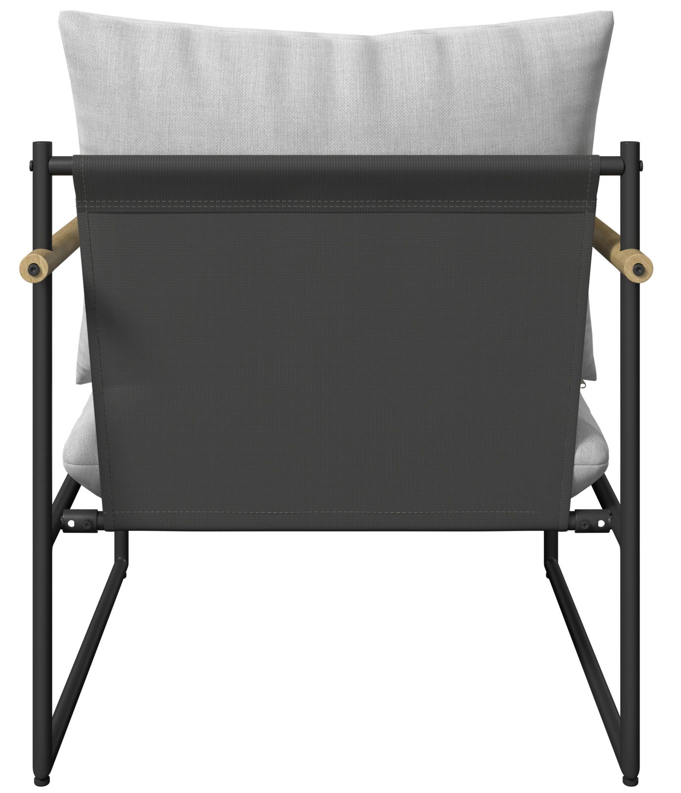 Rückansicht eines Gartenstuhls mit schwarzem Rahmen und hellgrauem Kissen, Teil eines Gartenlounge-Sets.