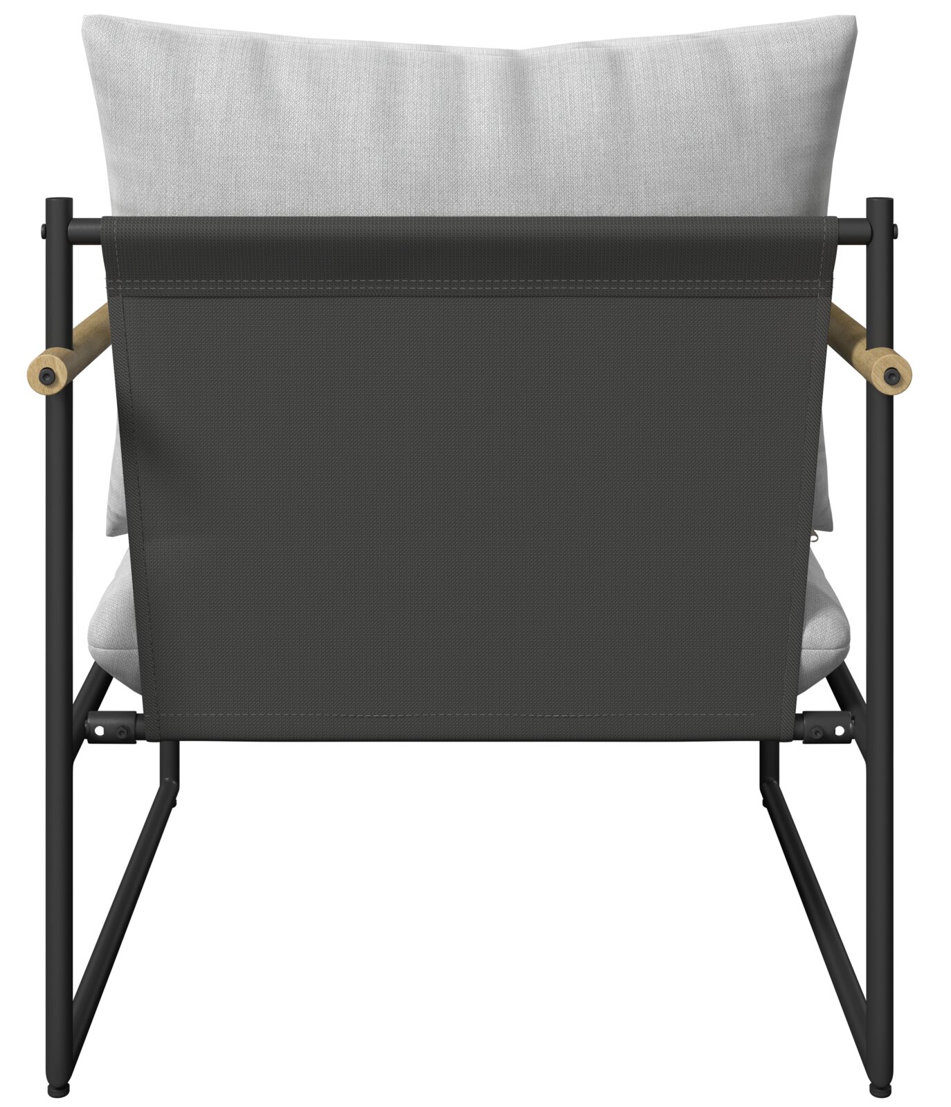 Rückansicht eines Gartenstuhls mit schwarzem Rahmen und hellgrauem Kissen, Teil eines Gartenlounge-Sets.