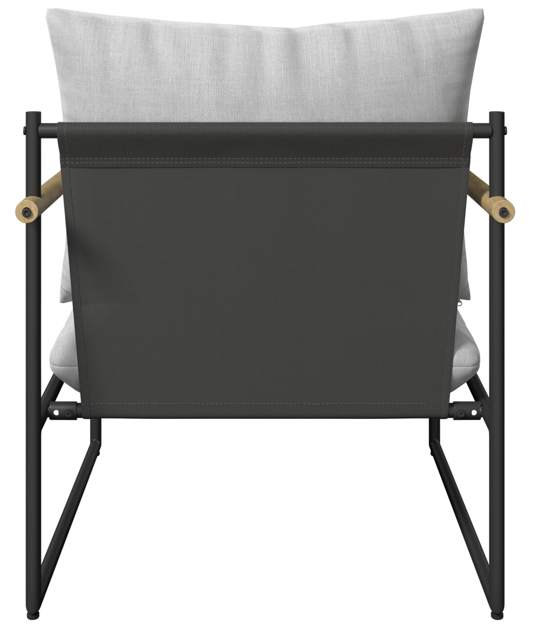 Rückansicht eines Gartenstuhls mit schwarzem Rahmen und hellgrauem Kissen, Teil eines Gartenlounge-Sets.
