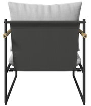 Rückansicht eines Gartenstuhls mit schwarzem Rahmen und hellgrauem Kissen, Teil eines Gartenlounge-Sets.