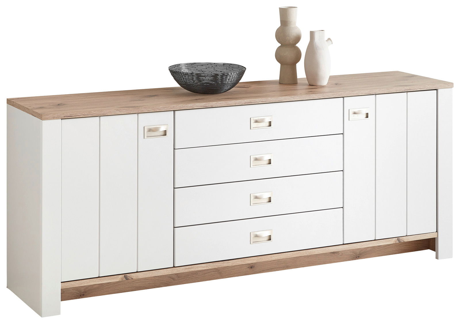 Modernes Sideboard in Weiß mit Holzoberfläche, frontal abgebildet, mit Schubladen und Türen, dekoriert mit Vasen und einer Schale.