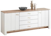 Modernes Sideboard in Weiß mit Holzoberfläche, frontal abgebildet, mit Schubladen und Türen, dekoriert mit Vasen und einer Schale.
