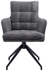 Grauer Armlehnstuhl mit gestepptem Stoffbezug und schwarzem Metallgestell, Frontalansicht