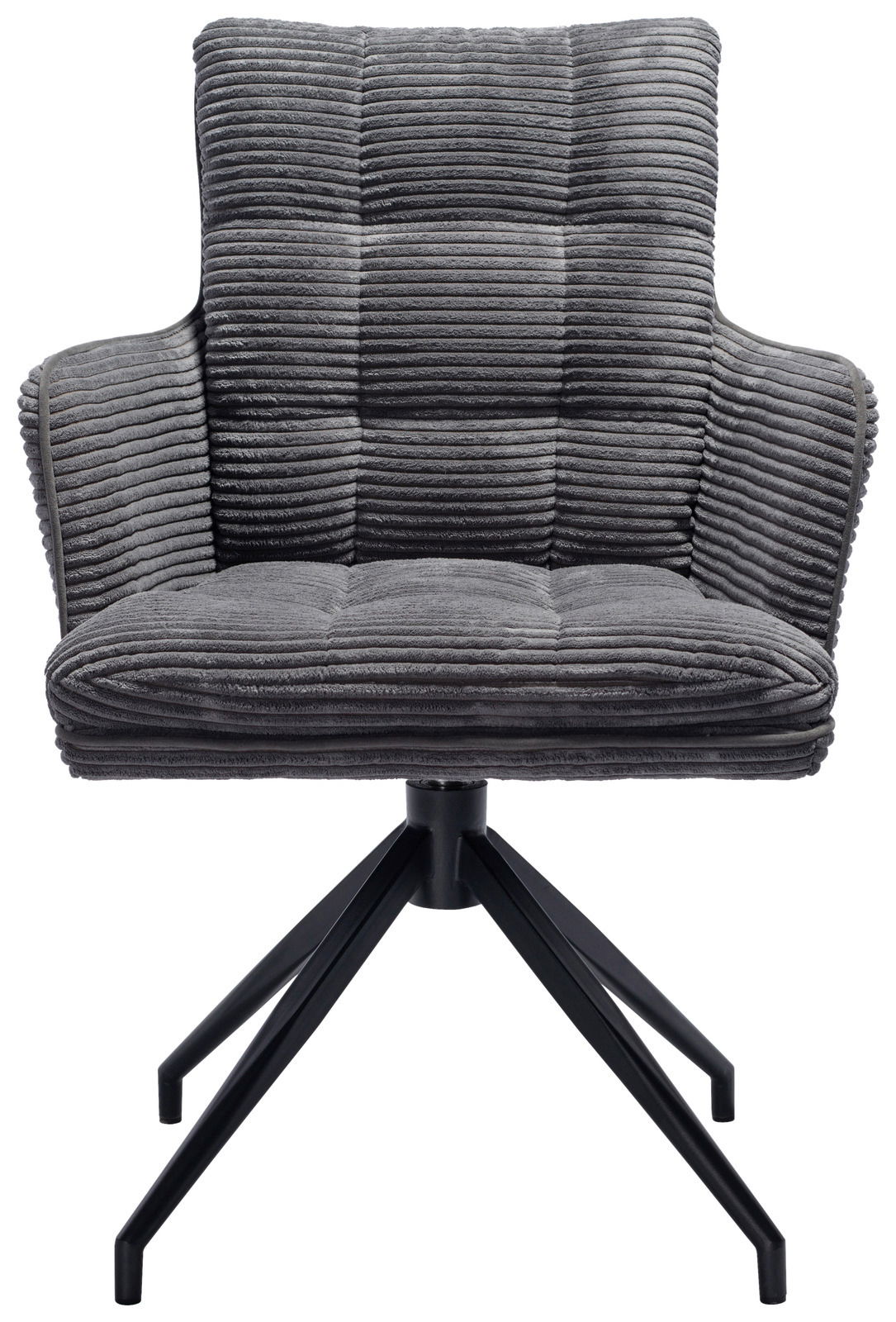 Grauer Armlehnstuhl mit gestepptem Stoffbezug und schwarzem Metallgestell, Frontalansicht